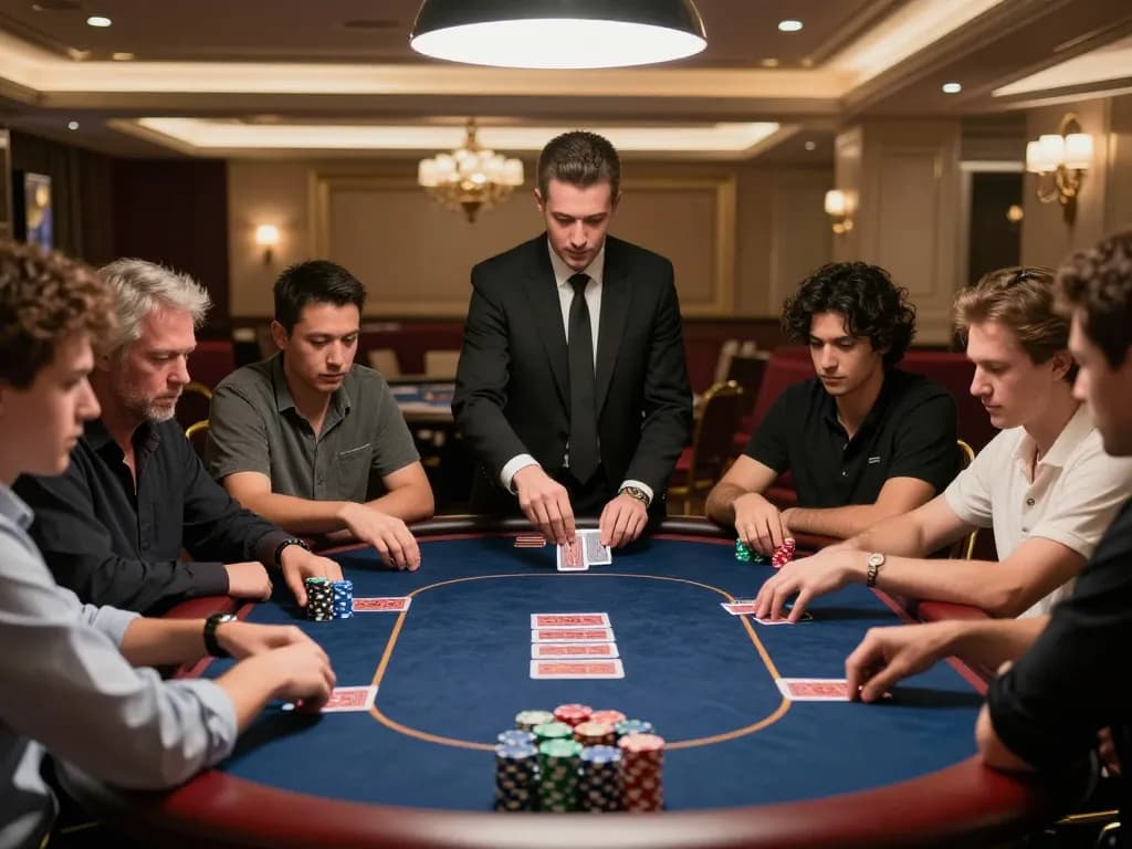 Players engaging in a high-stakes poker game at a luxurious casino table, focusing on strategic plays at lucky88.