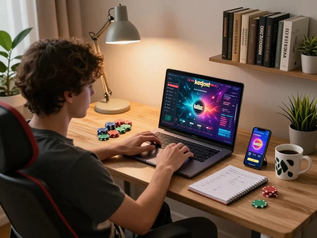 KDslot online gaming setup with vibrant interface on laptop and strategic notes, showcasing focused home gambling experience.