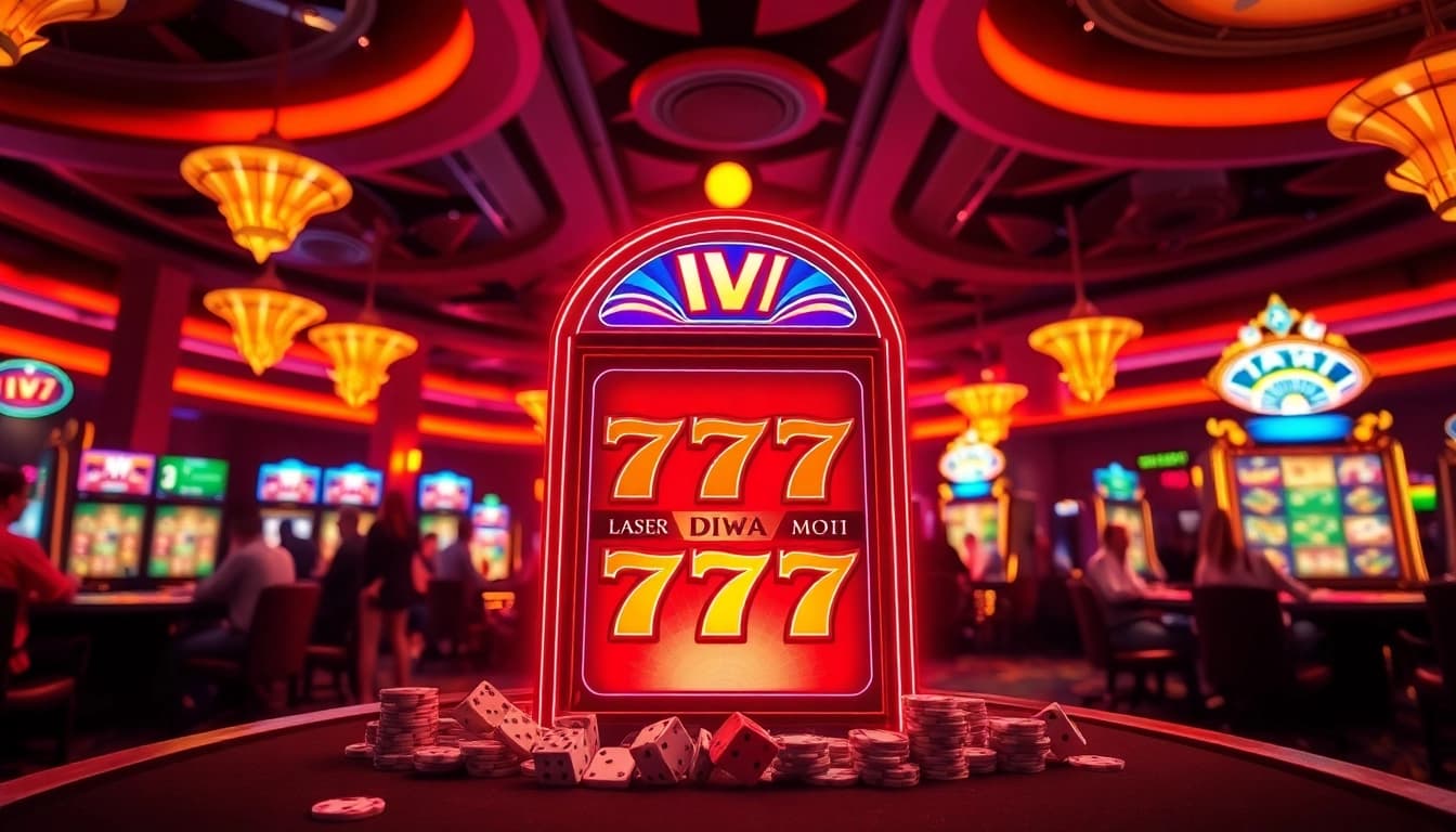 Engaging view of Diwa 777 slot machine surrounded by casino elements like chips and dice.