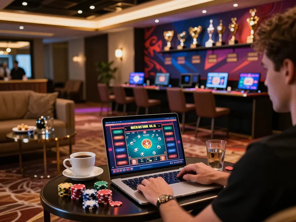 Player enjoying 100VIP online gaming experience on a laptop with vibrant visuals and cozy setup.