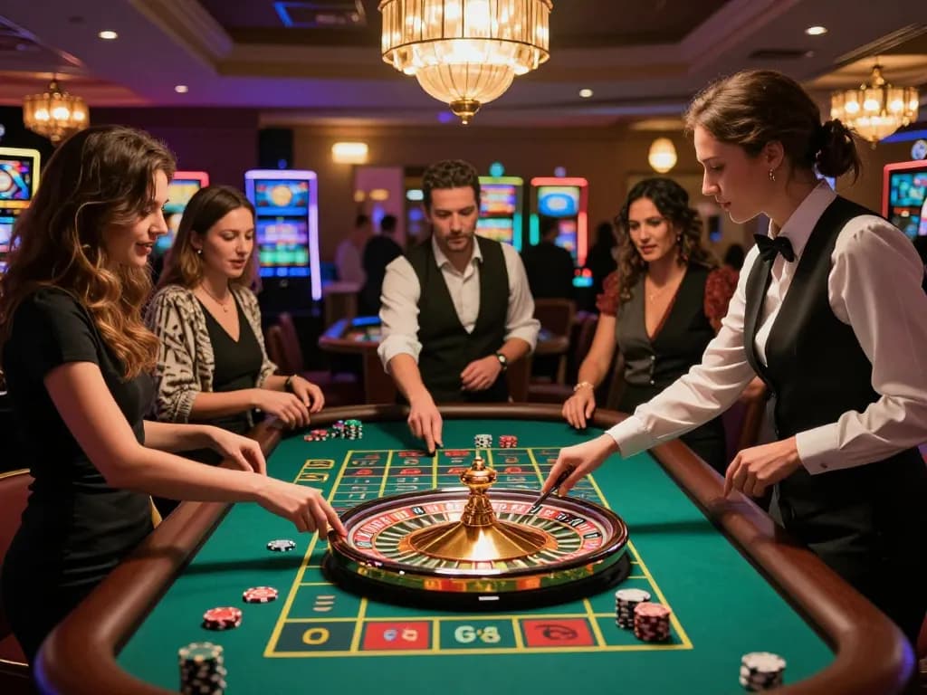 Sunwin gaming excitement with players engaged at a roulette table in a luxurious casino setting.