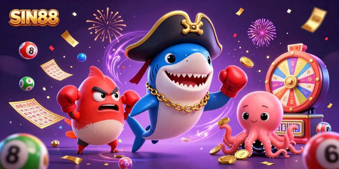 SIN88 showcases a cartoon pirate shark and friends celebrating with vibrant lottery elements in a lively casino scene.