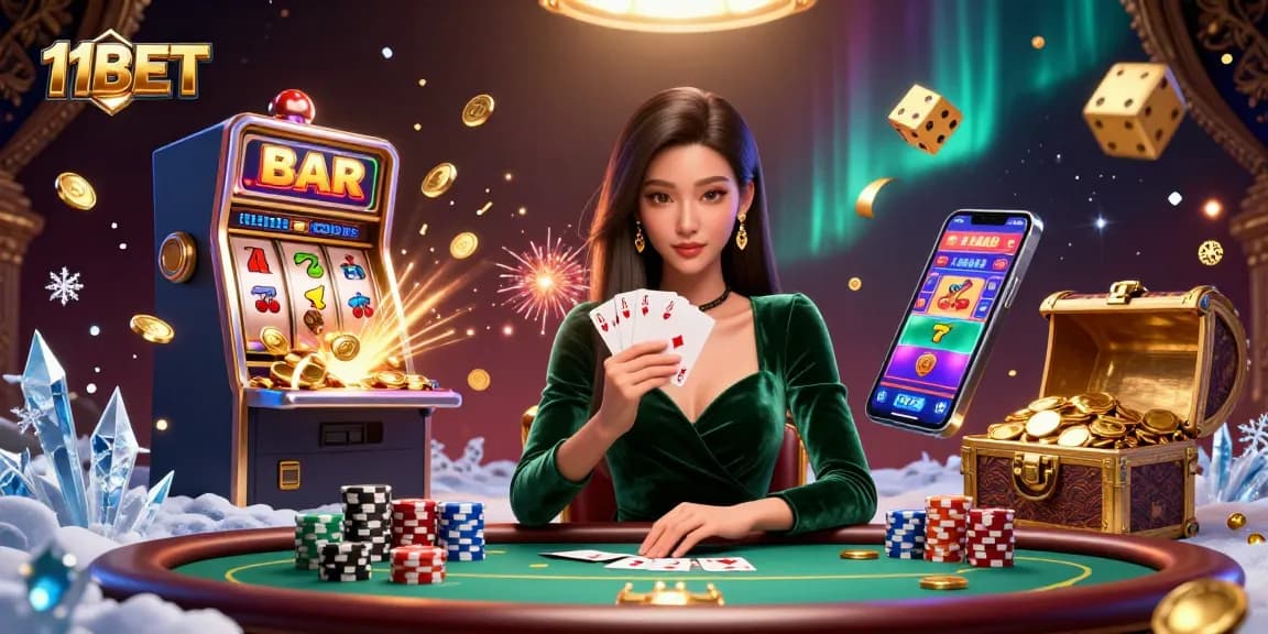 Experience thrilling casino action with 11BET at a poker table surrounded by vibrant game elements.