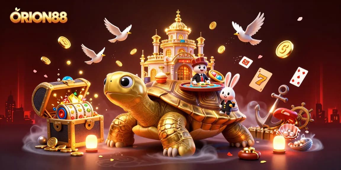 Experience ORION88 with a golden tortoise casino, jackpot reels, and vibrant treasures!
