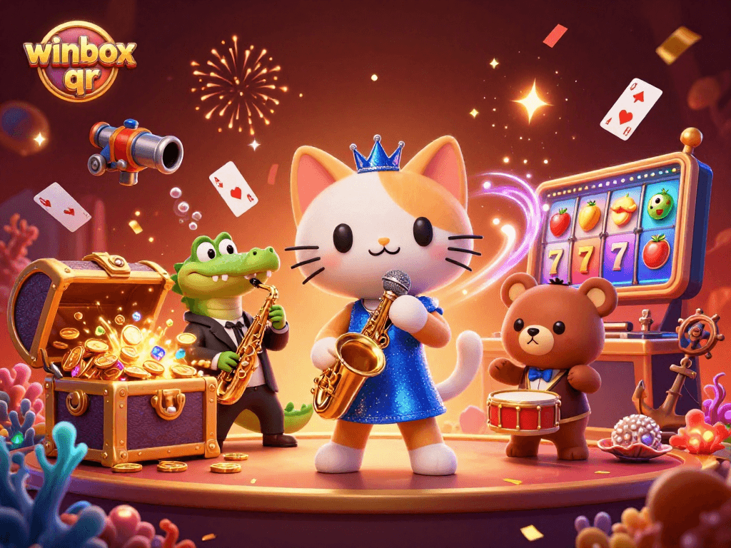 Engage with winbox qr's vibrant casino-themed illustration showcasing joyful characters and gaming excitement.
