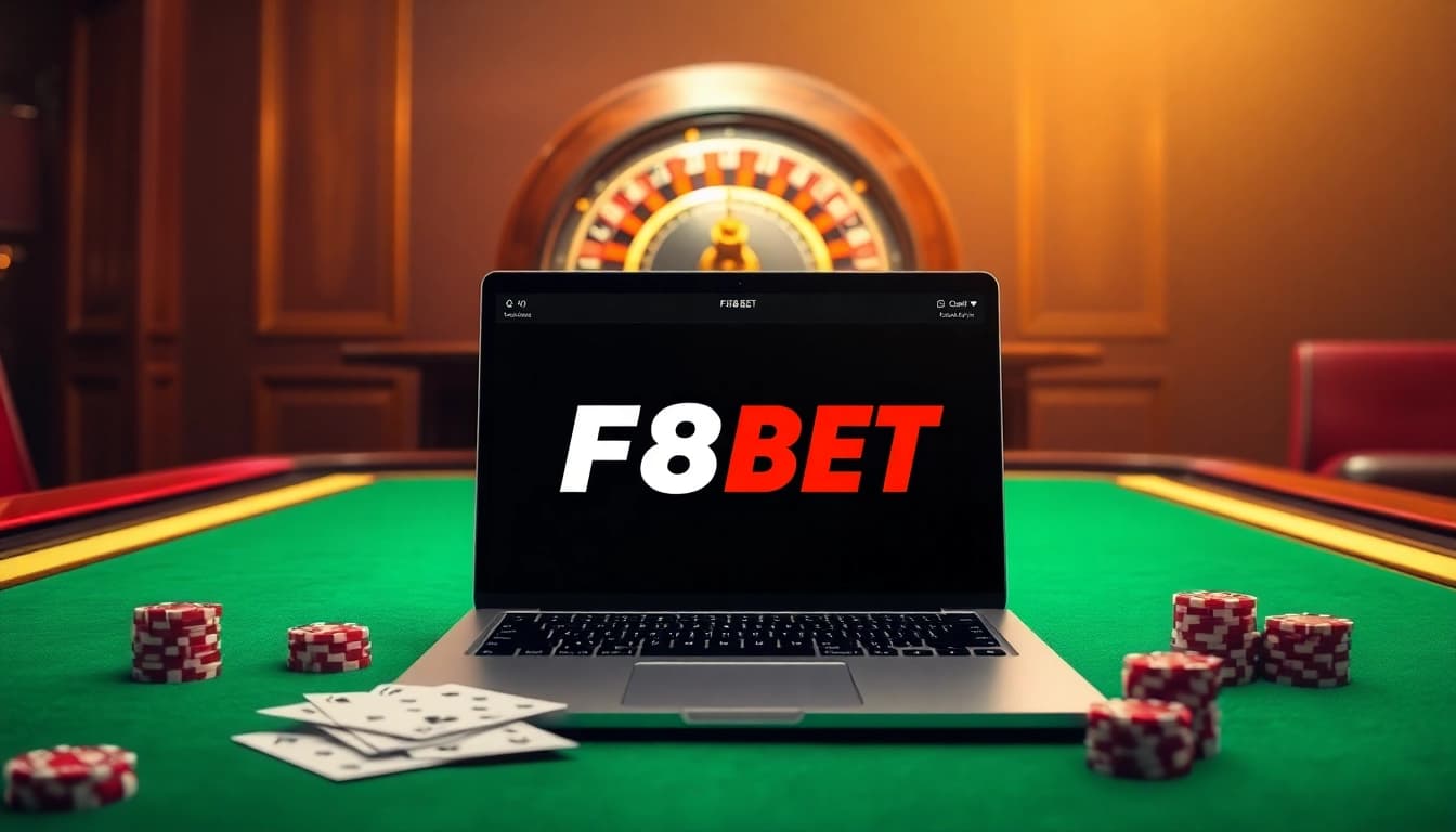 Experience the thrill of F8BET with a vibrant online casino scene featuring poker chips and a roulette wheel.