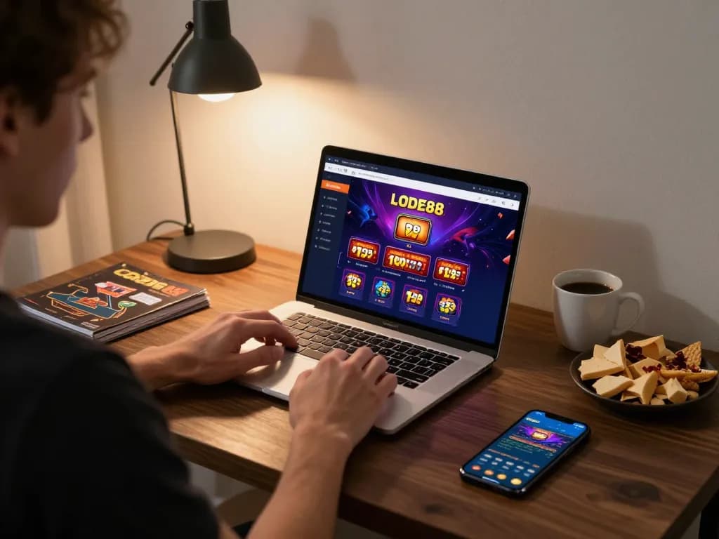 Player enjoying LODE88 online betting experience with laptop and gaming strategy notes.