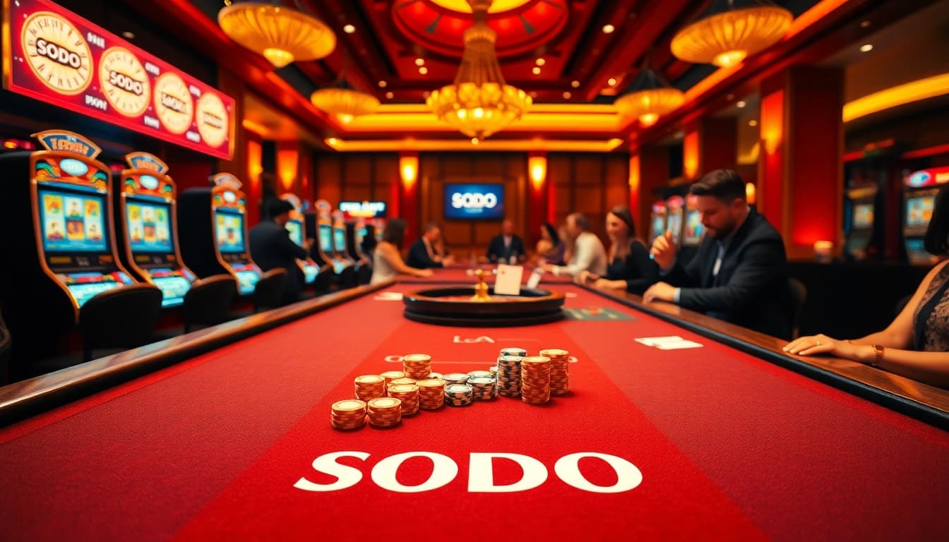 SODO CASINO players enjoying a thrilling gaming experience with vibrant casino tables and slot machines.