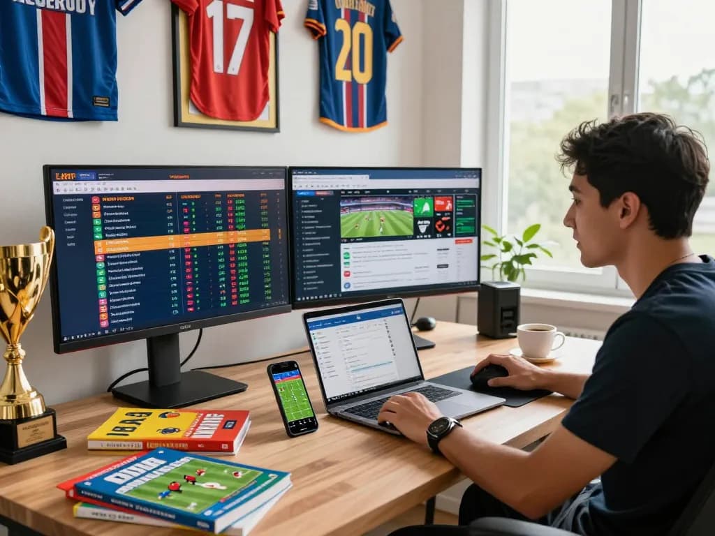 Engaging kèo nhà cái scene with live betting screens and sports memorabilia in a vibrant office.