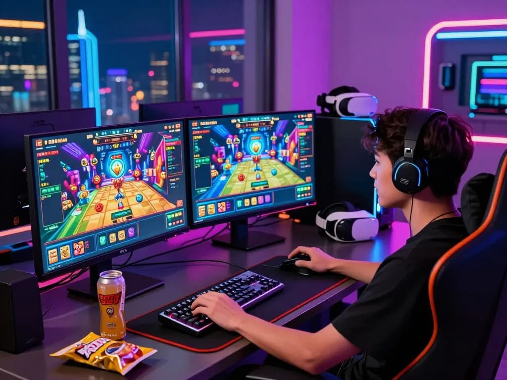 Gamer antusias terlibat dengan permainan slot online situs gacor di dua monitor dalam pengaturan yang cerah.