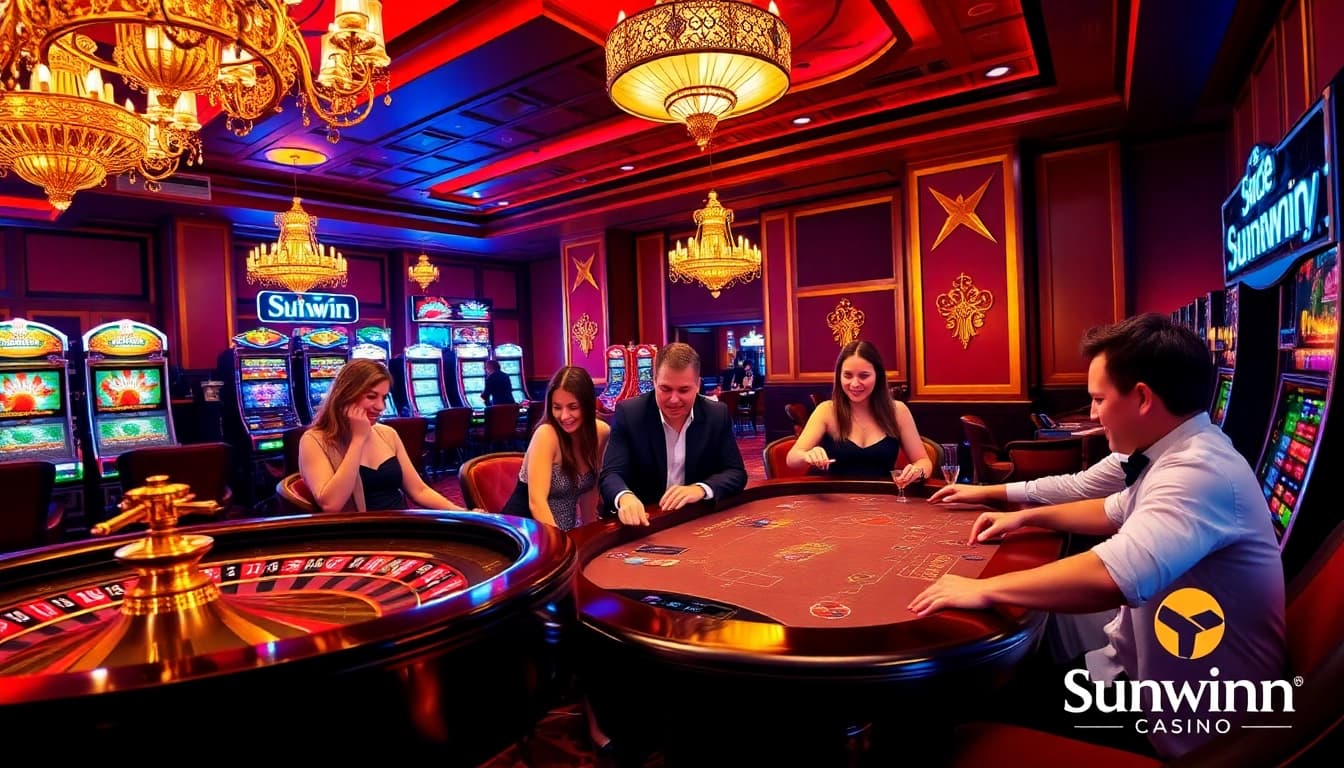 Players winning at Sunwin with vibrant poker and slot machines, showcasing casino excitement.