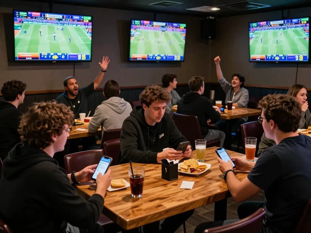 Engaged bettors using the 28betca app in a lively sports bar during game day.