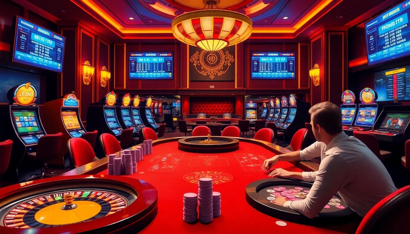 Experience the luxury of online gambling on https://mk8th.net/ with an elegant casino scene filled with poker tables and vibrant slot machines.