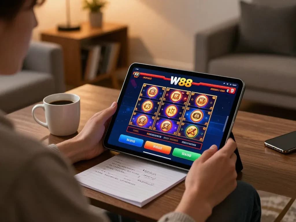 W88 user enjoying online slot games on a tablet in a cozy living room atmosphere.