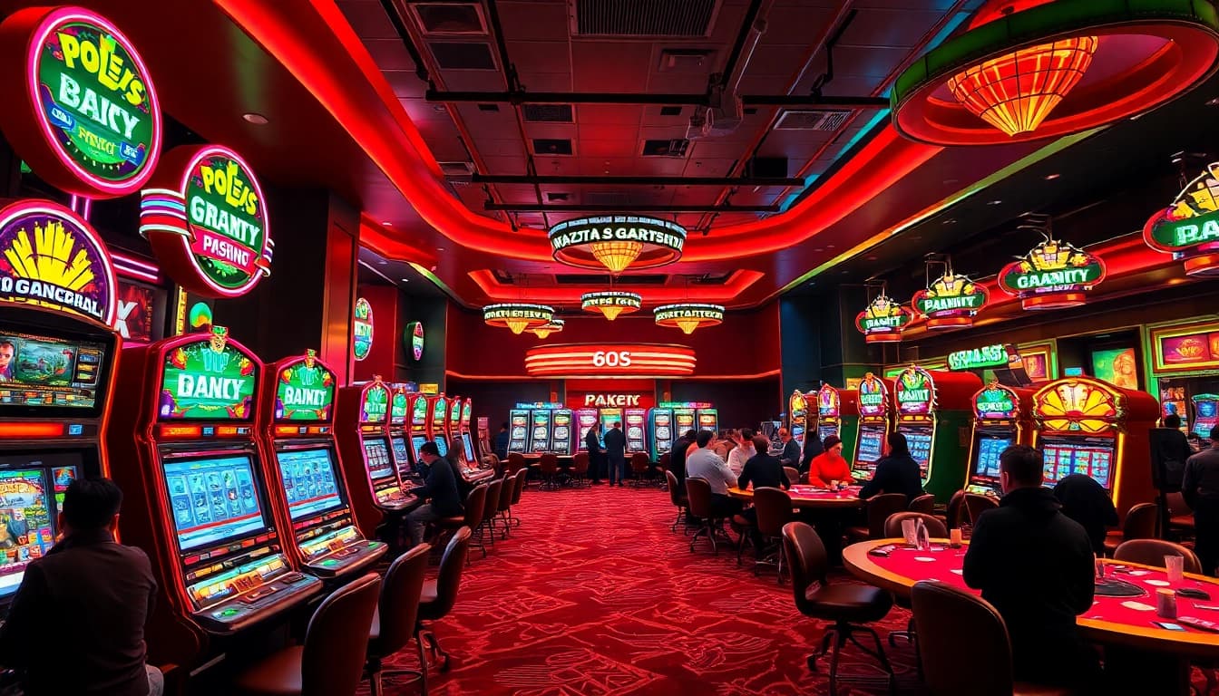 Katsu5 menampilkan suasana dinamis di kasino dengan mesin slot dan meja poker yang ramai.