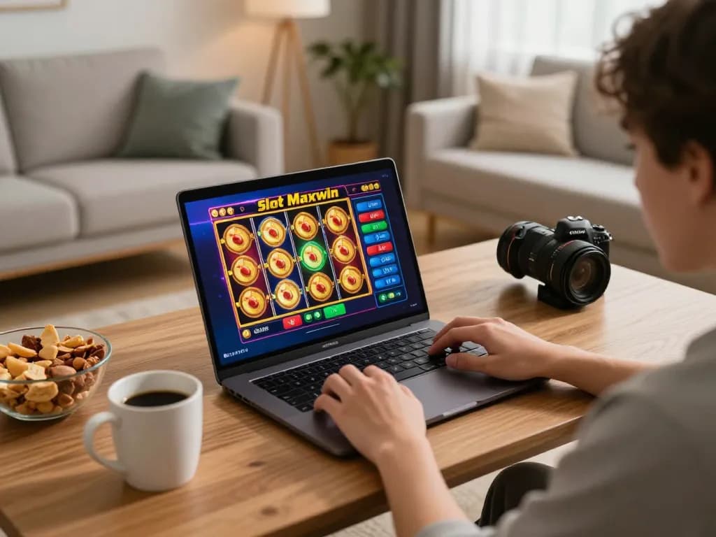 Engaged player enjoying Slot Maxwin game on laptop, cozy home atmosphere enhances the gaming experience.