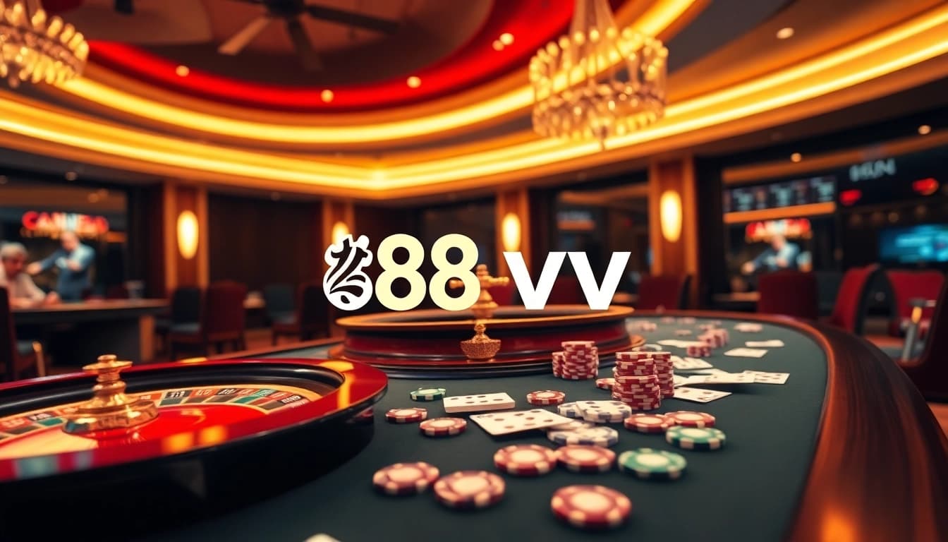 Experience the thrill of gambling at 88vv with an engaging casino scene featuring roulette and poker elements.
