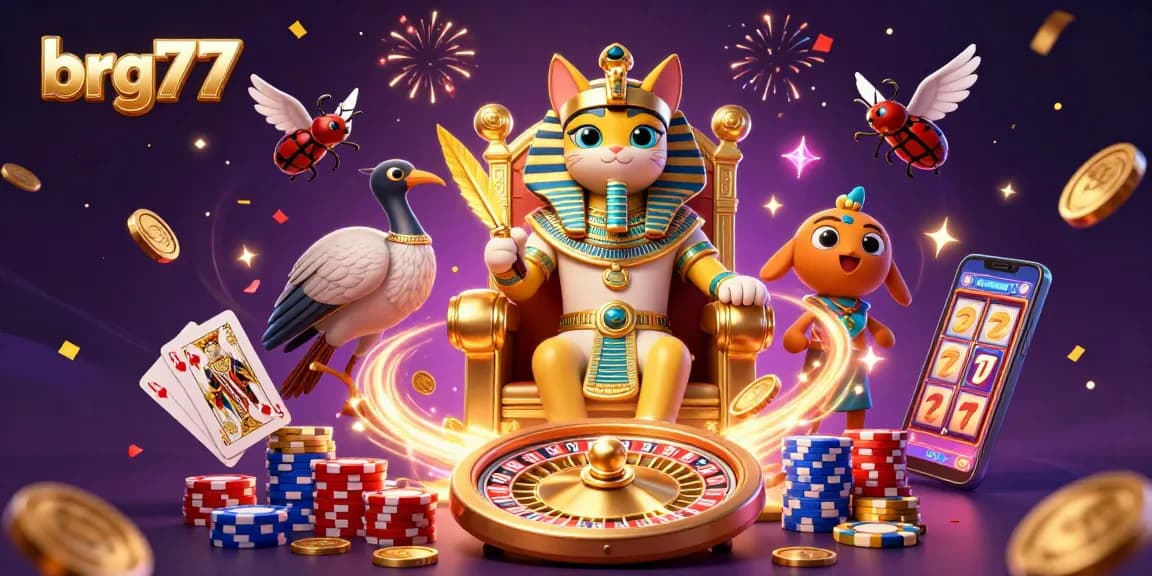 Engage with brg77's thrilling casino atmosphere featuring a cartoon pharaoh cat, coins, and gaming elements.