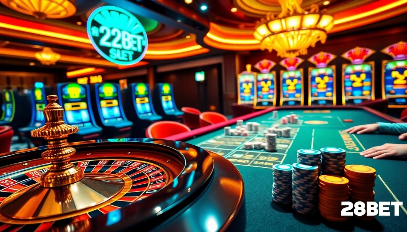 Experience the excitement of 28BET with players engaged in thrilling casino games at a vibrant table.