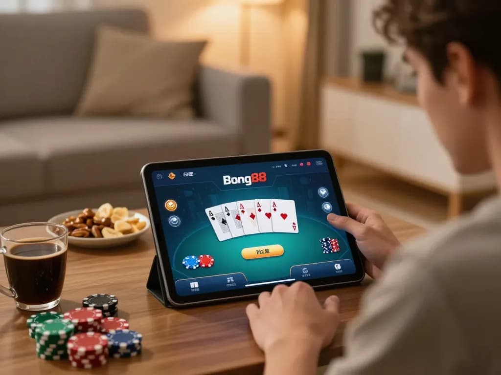 Bong88 player using tablet for online poker with chips and cards displayed