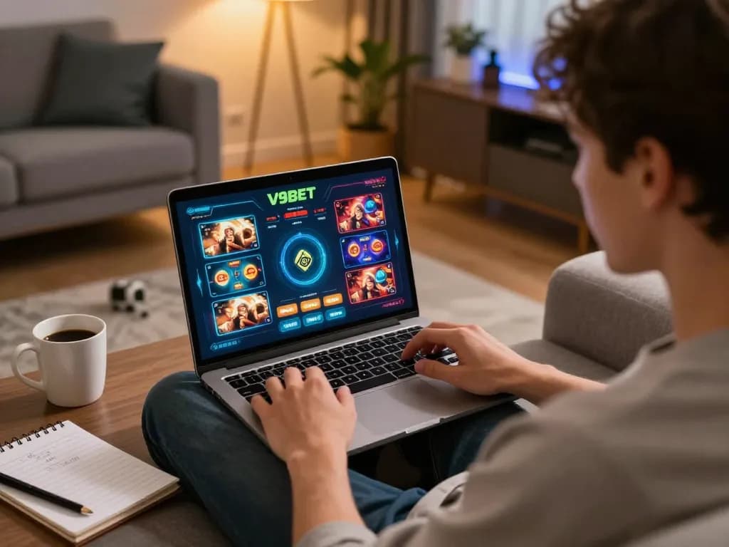 Player engaging with V9BET on a laptop for an exciting online casino experience in a cozy home setting.