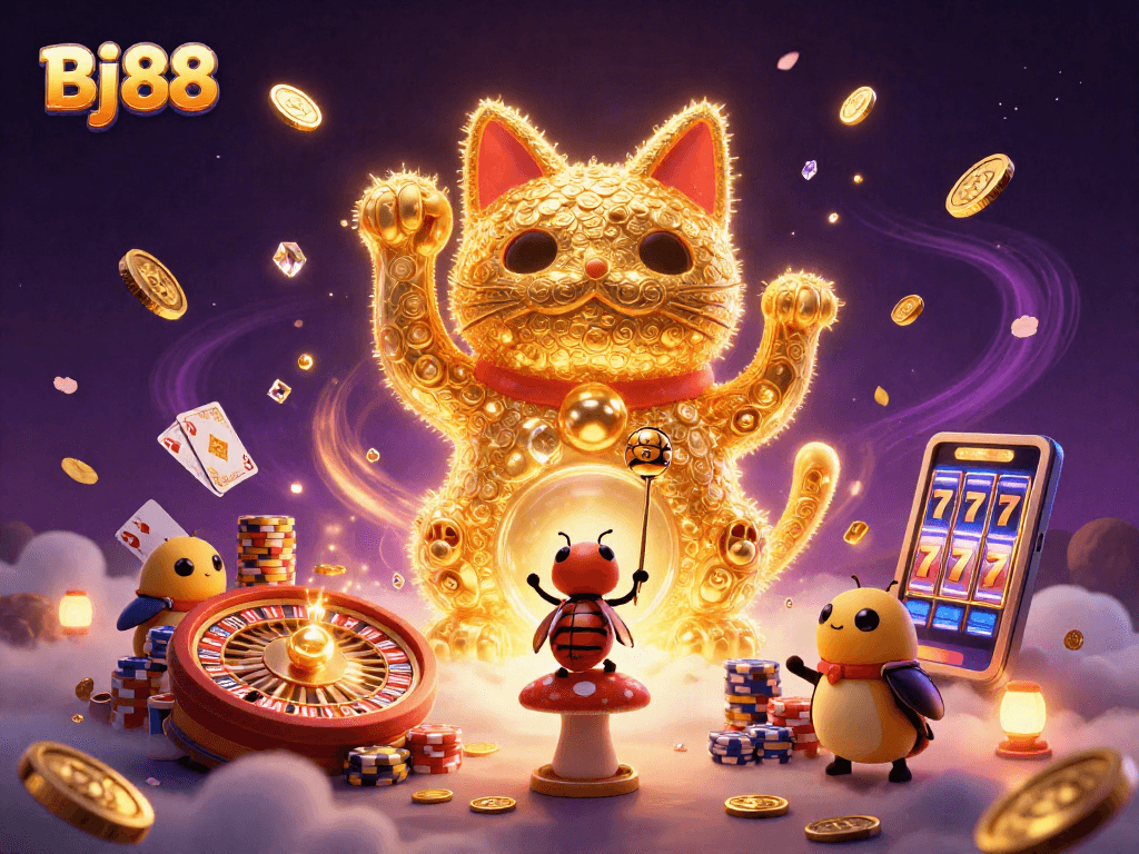 Bj88 showcases a dynamic casino world with a giant waving lucky cat, gold coins, and roulette wheel.
