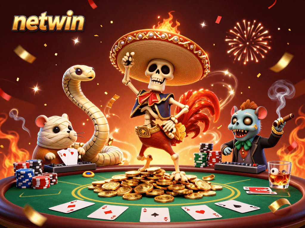 netwin celebrates a thrilling casino victory with colorful characters in a vibrant gaming scene.