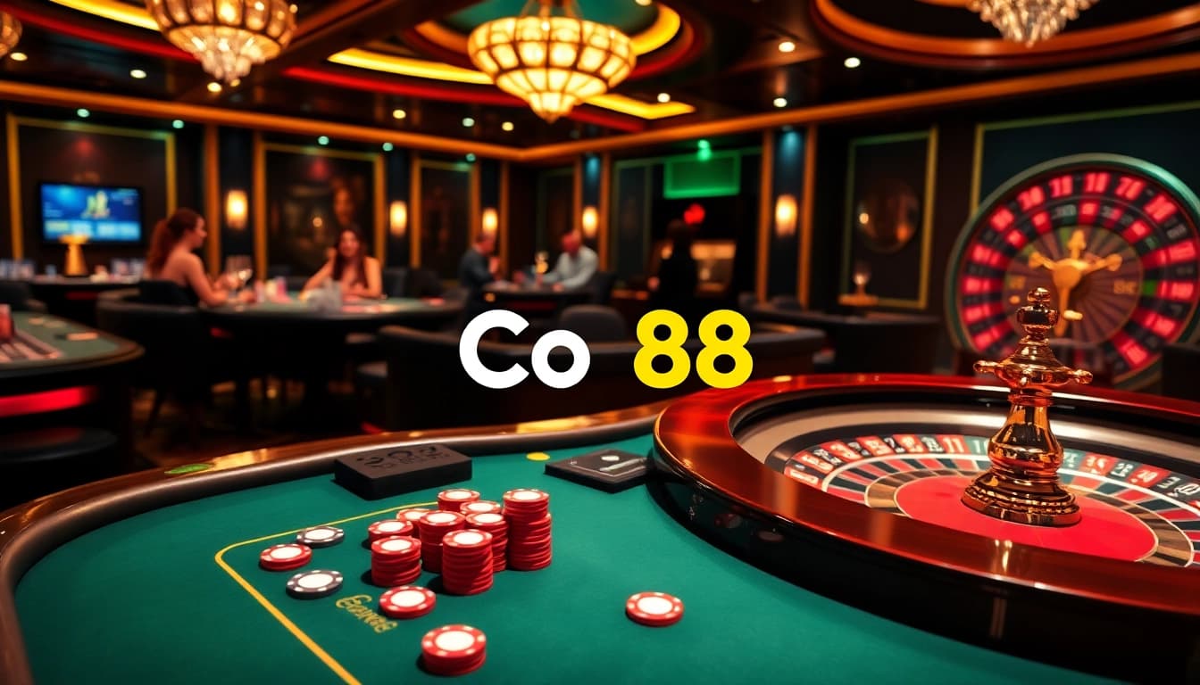 Co88 players engaging at a vibrant casino table filled with poker chips and excitement.