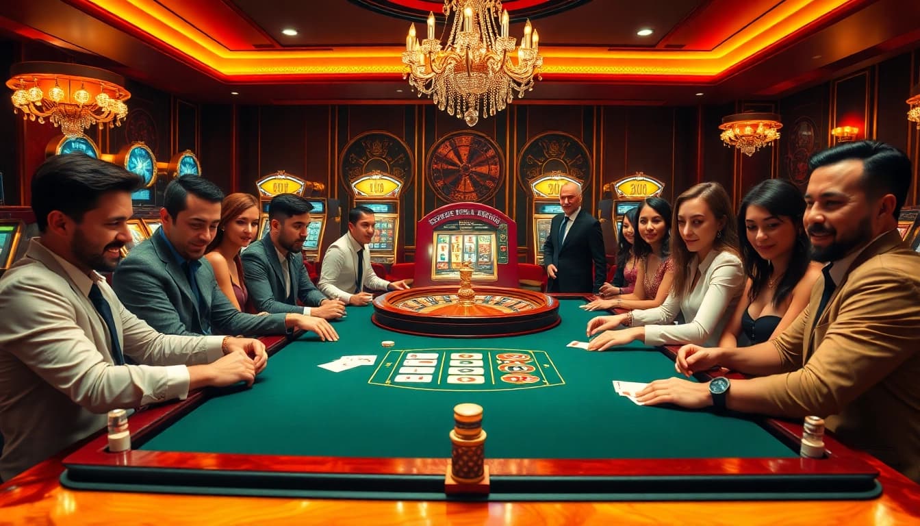 Nohu inspired casino scene with excited players at a poker table and illuminated slot machines.