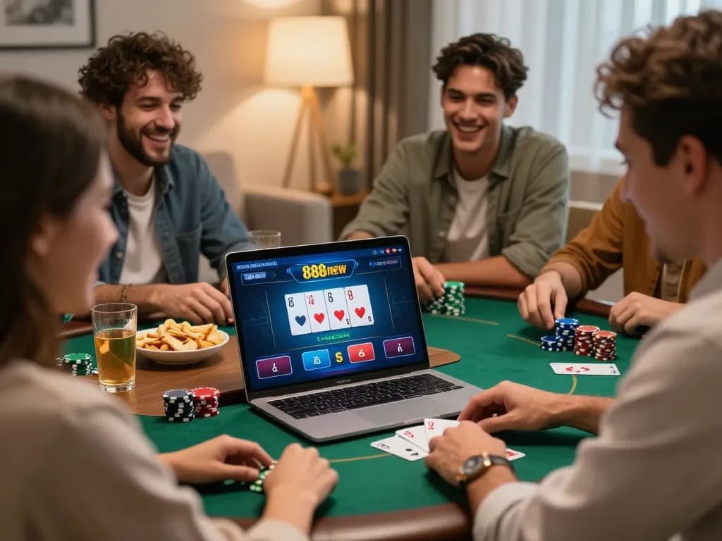 Friends celebrating their 888new win during an online poker game on a cozy sofa.