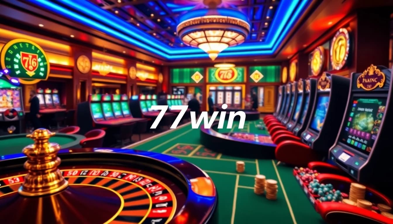 Experience exhilarating online gaming action at 77win, where vibrant casino tables and dynamic players showcase thrilling gambling moments.
