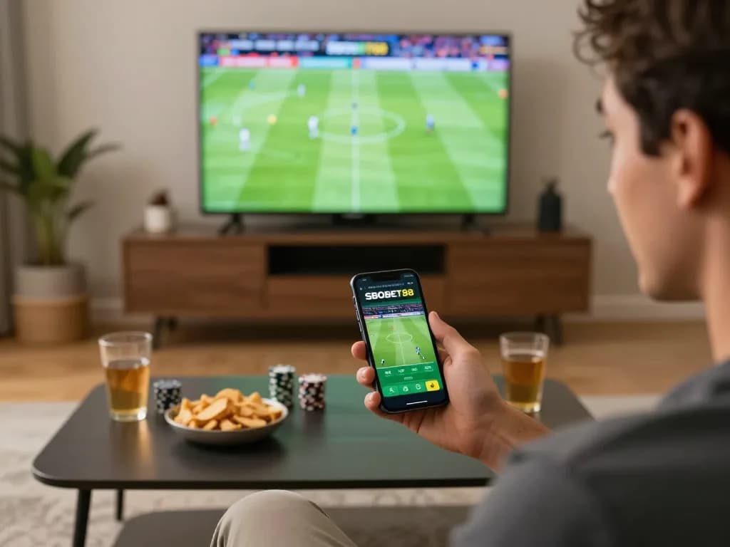 Pengguna SBOBET88 berinteraksi dengan aplikasi mobile untuk taruhan olahraga selama pertandingan langsung, menampilkan suasana rumah yang mengasyikkan.