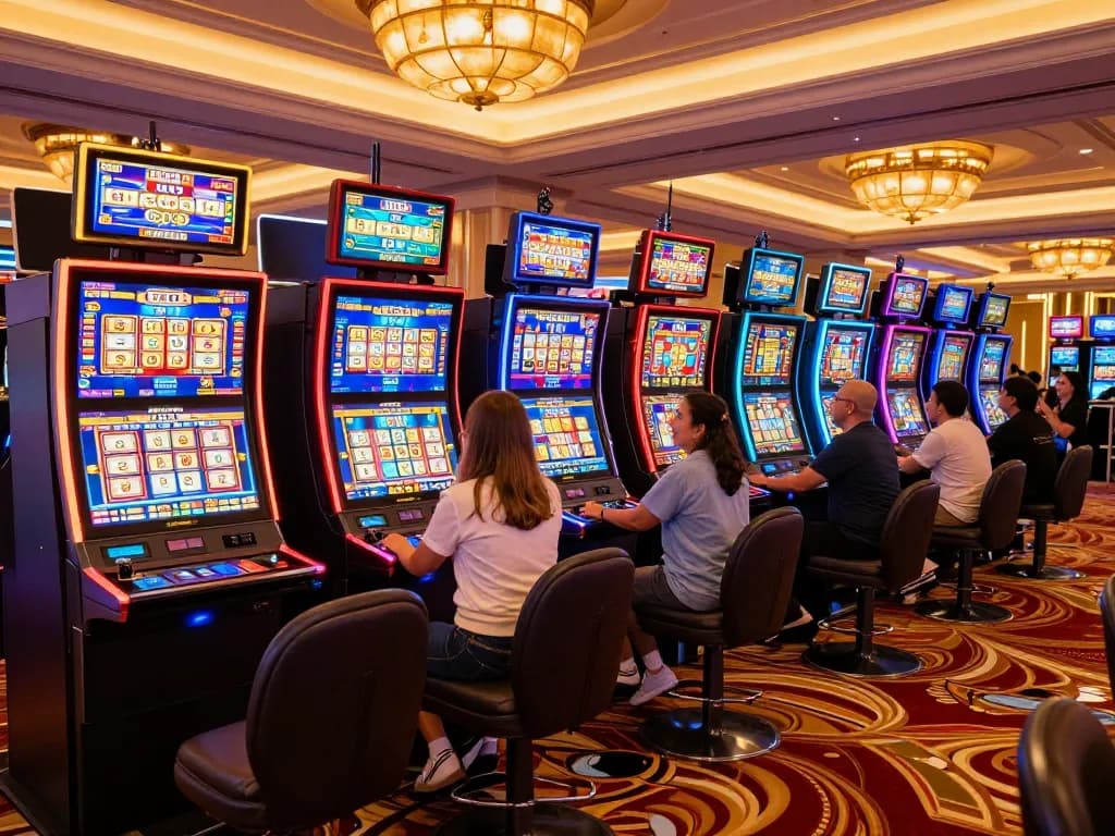 Engaging players at Siti non AAMS slot machines celebrating wins in a vibrant casino setting.