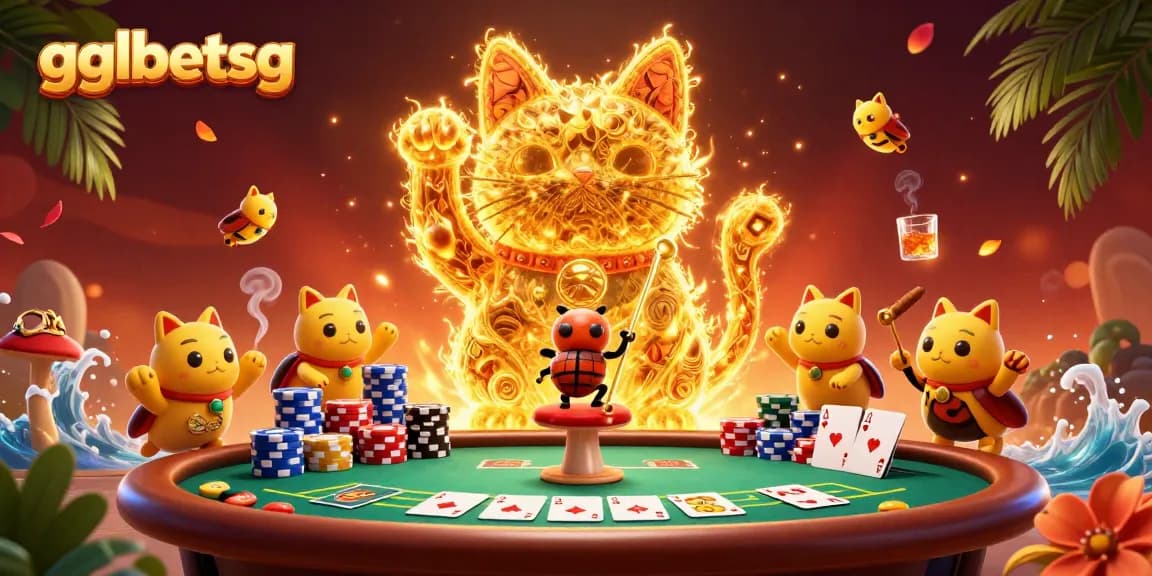 Bet on esports at gglbetsg, showcasing golden fireflies forming a lucky cat in a vibrant casino scene.