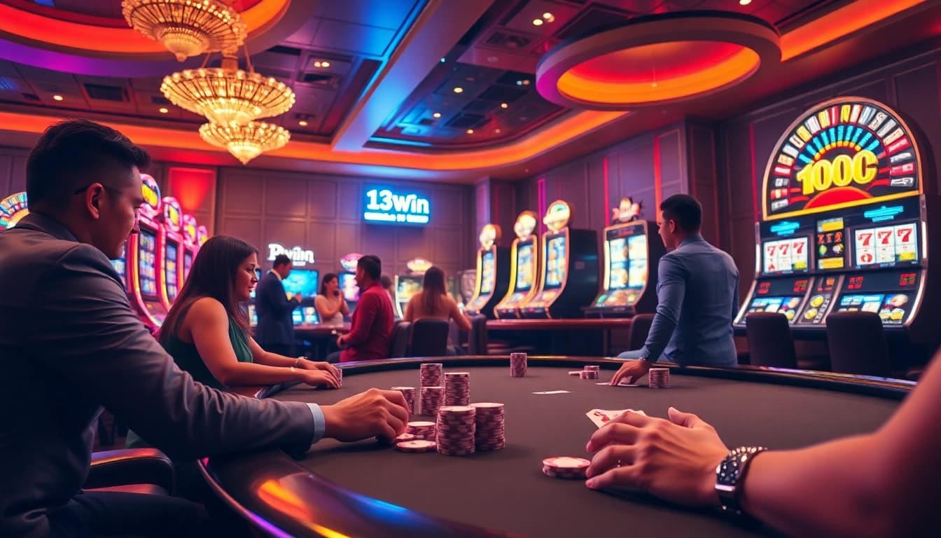 Exciting poker game at 13Win with vibrant graphics, luxurious setting, and live betting.