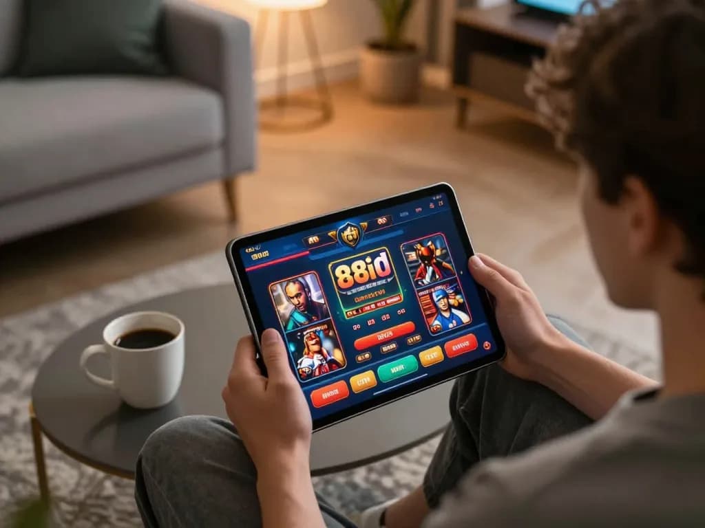 Pemain terlibat menjelajahi kasino online 88id di tablet dalam suasana nyaman di rumah, menampilkan permainan mobile.