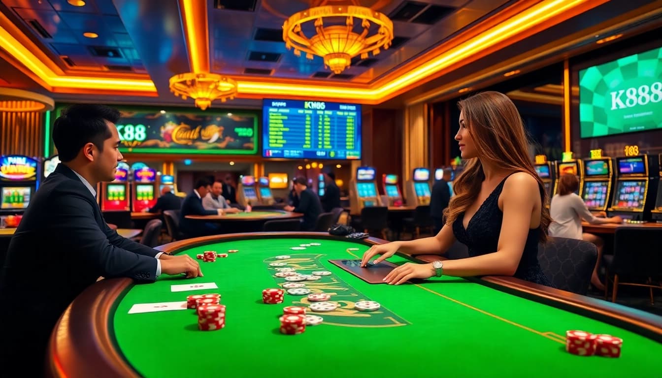 K88 live casino environment featuring vibrant gaming tables and an engaging dealer.