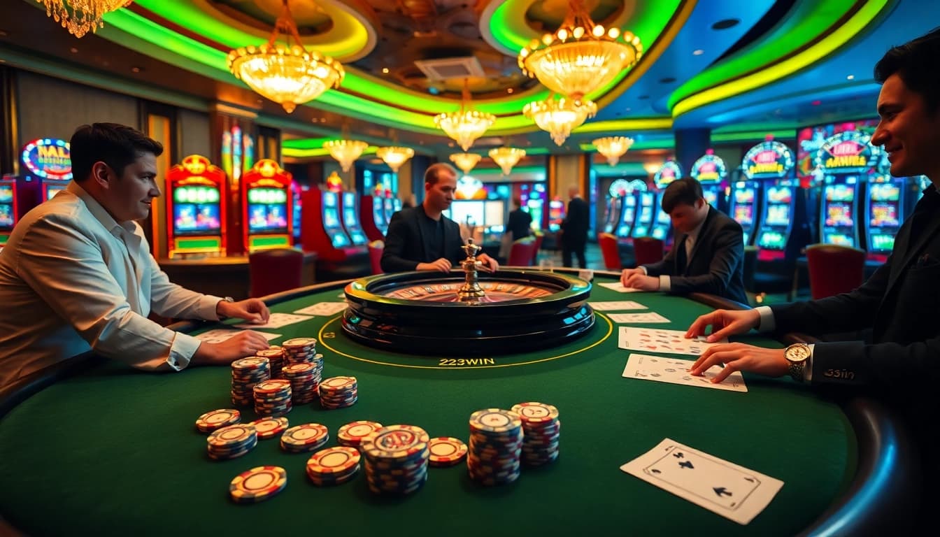 Experience high-stakes excitement at the 23win gaming table with poker chips and cards.