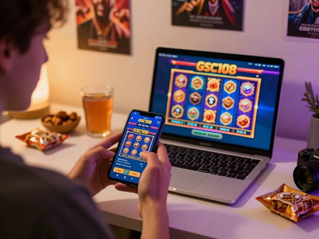 Player enjoying Gsc108 slots on smartphone, engaged in responsible online gambling.