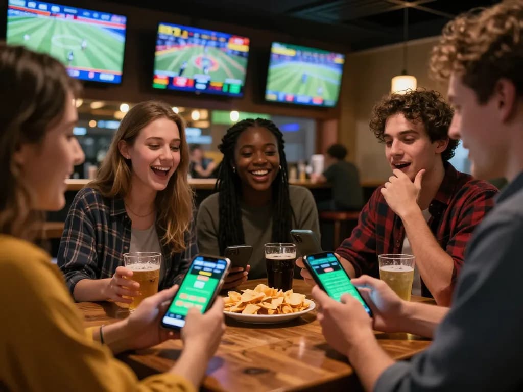 Max88 sports betting experience with friends in a lively sports bar, showcasing excitement and betting apps.