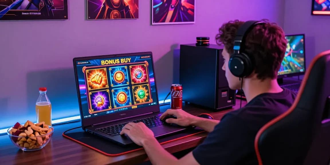 Player enjoying cocomaya Bonus Buy Slots in a vibrant gaming setup with colorful graphics and snacks.