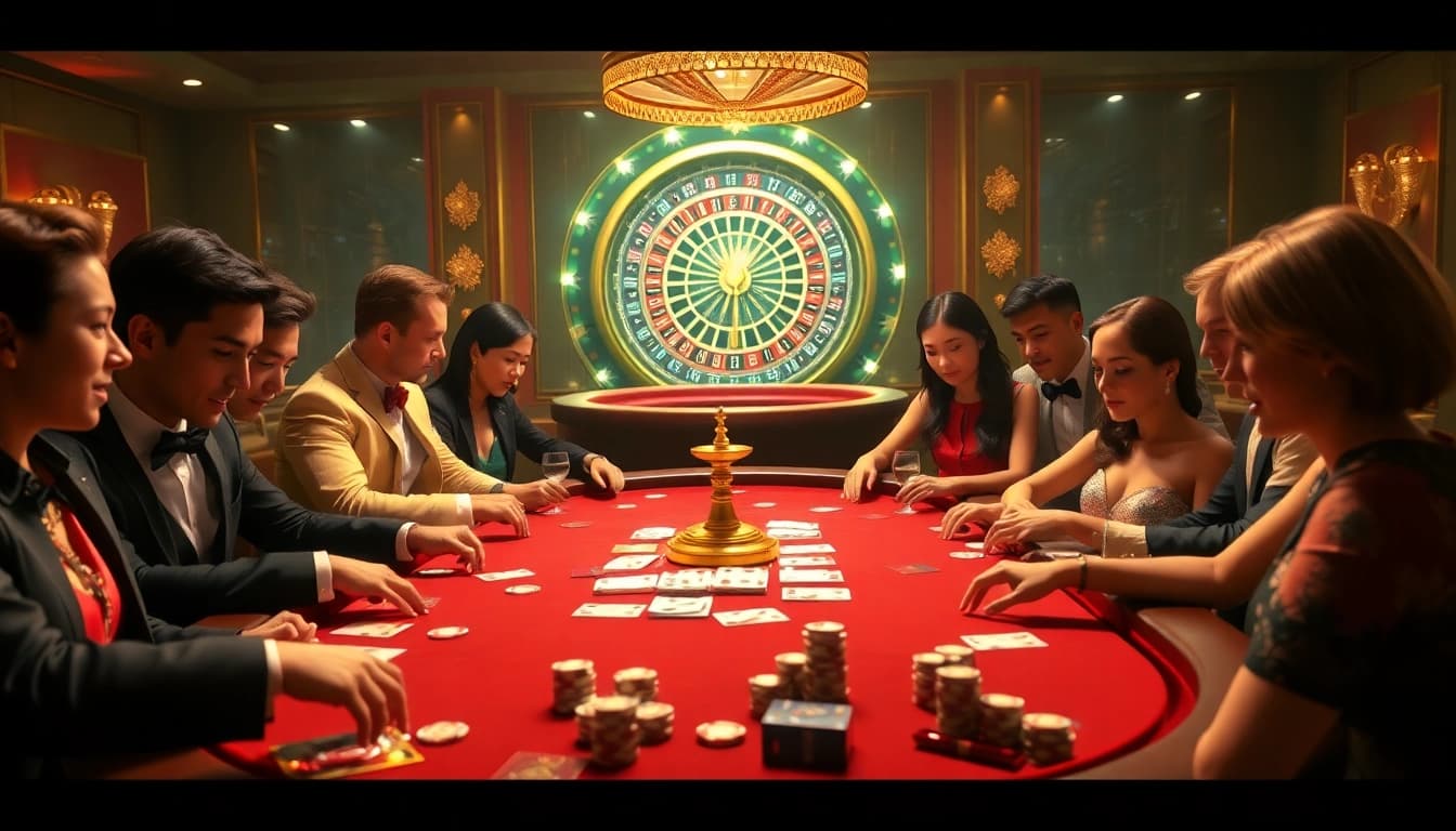 Players at RR88 engage in thrilling poker action at a luxurious casino table.