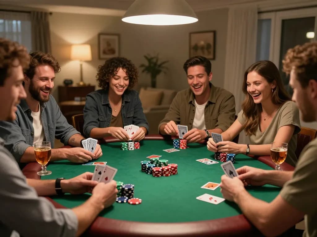 UK88 players enjoying an exciting home poker night with chips and cards in play.