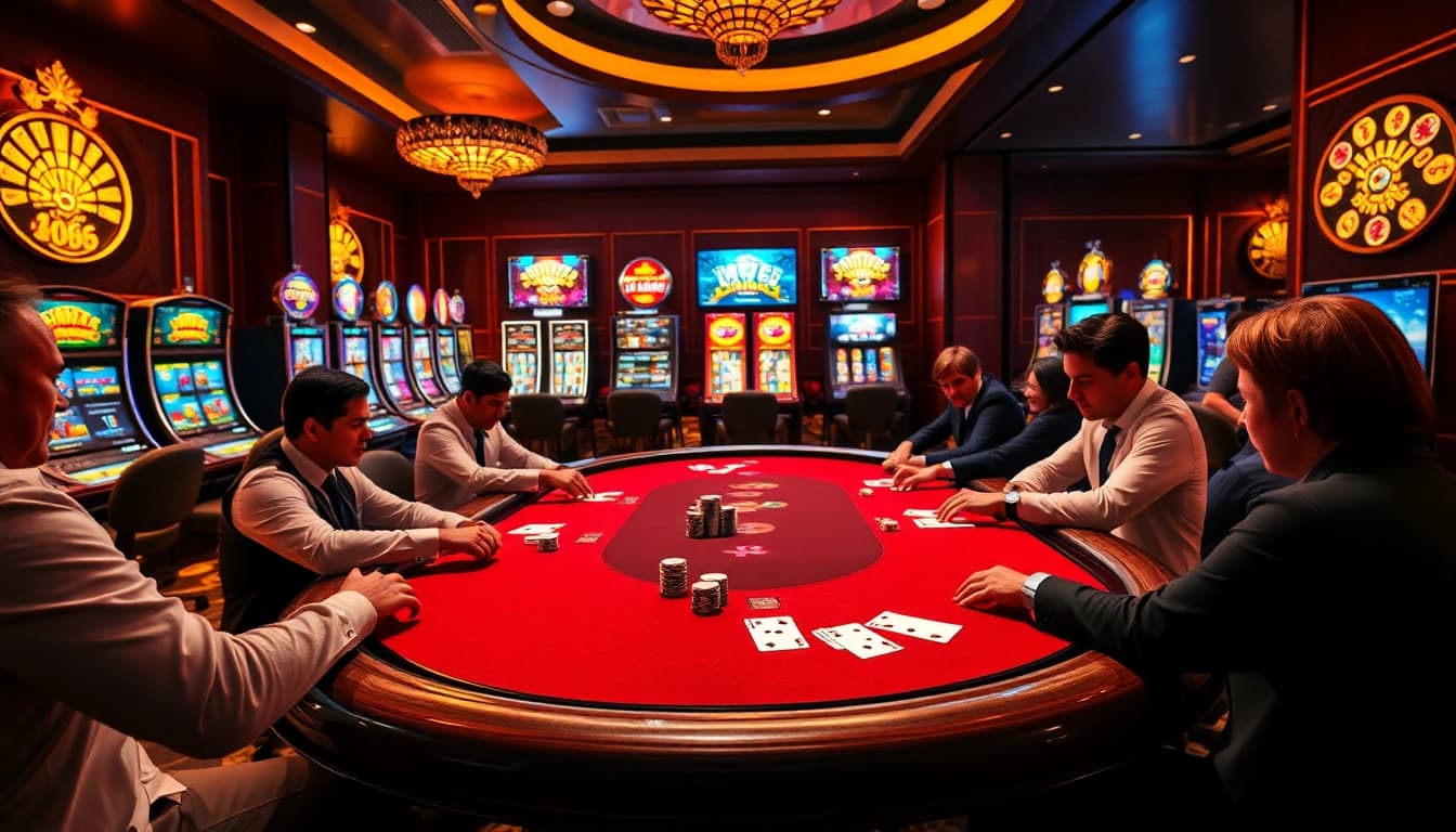 Intense poker game showcasing MB66 strategy with elegant chips and cards in a luxury casino atmosphere.