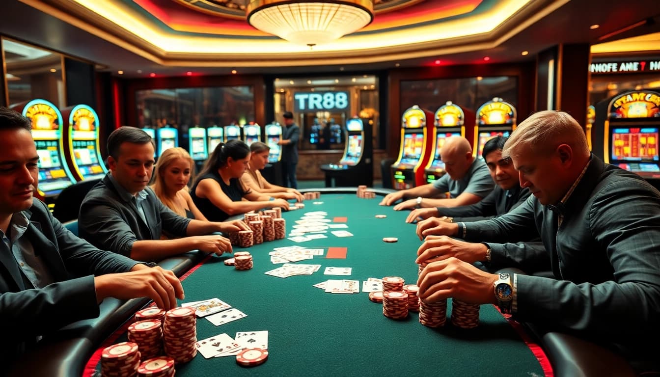 Play exciting poker at TR88 casino tables with vibrant chips and cards in a luxurious setting.