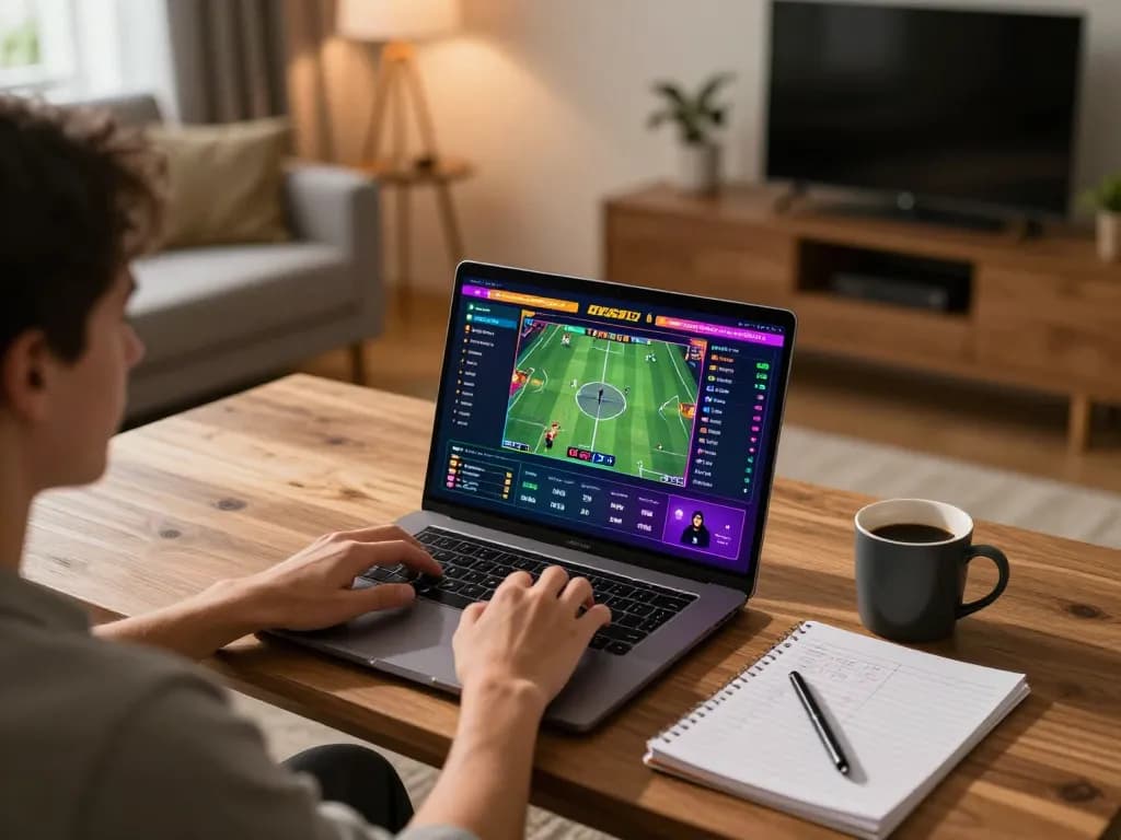 Person engaging in online sports betting with OKFUN on a laptop in a cozy home environment