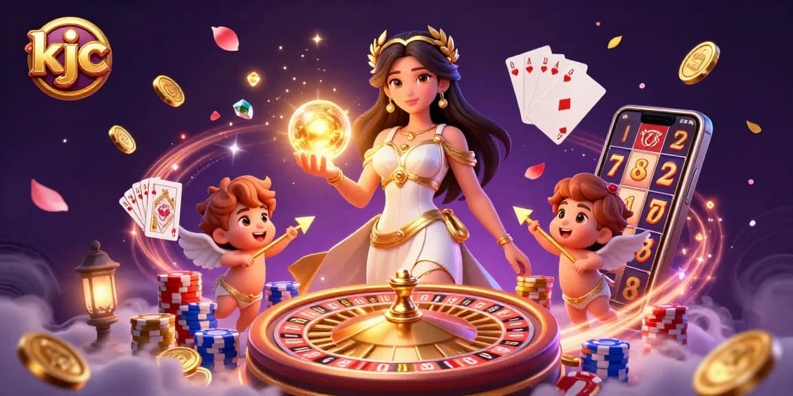 KJC brings excitement with a goddess surrounded by dynamic casino elements like roulette and sparkling gems.