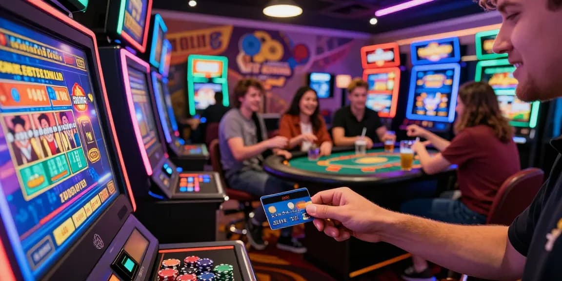 Players engaging at credit card casinos featured on scoarch.org.uk, showcasing vibrant gaming terminals and excitement.