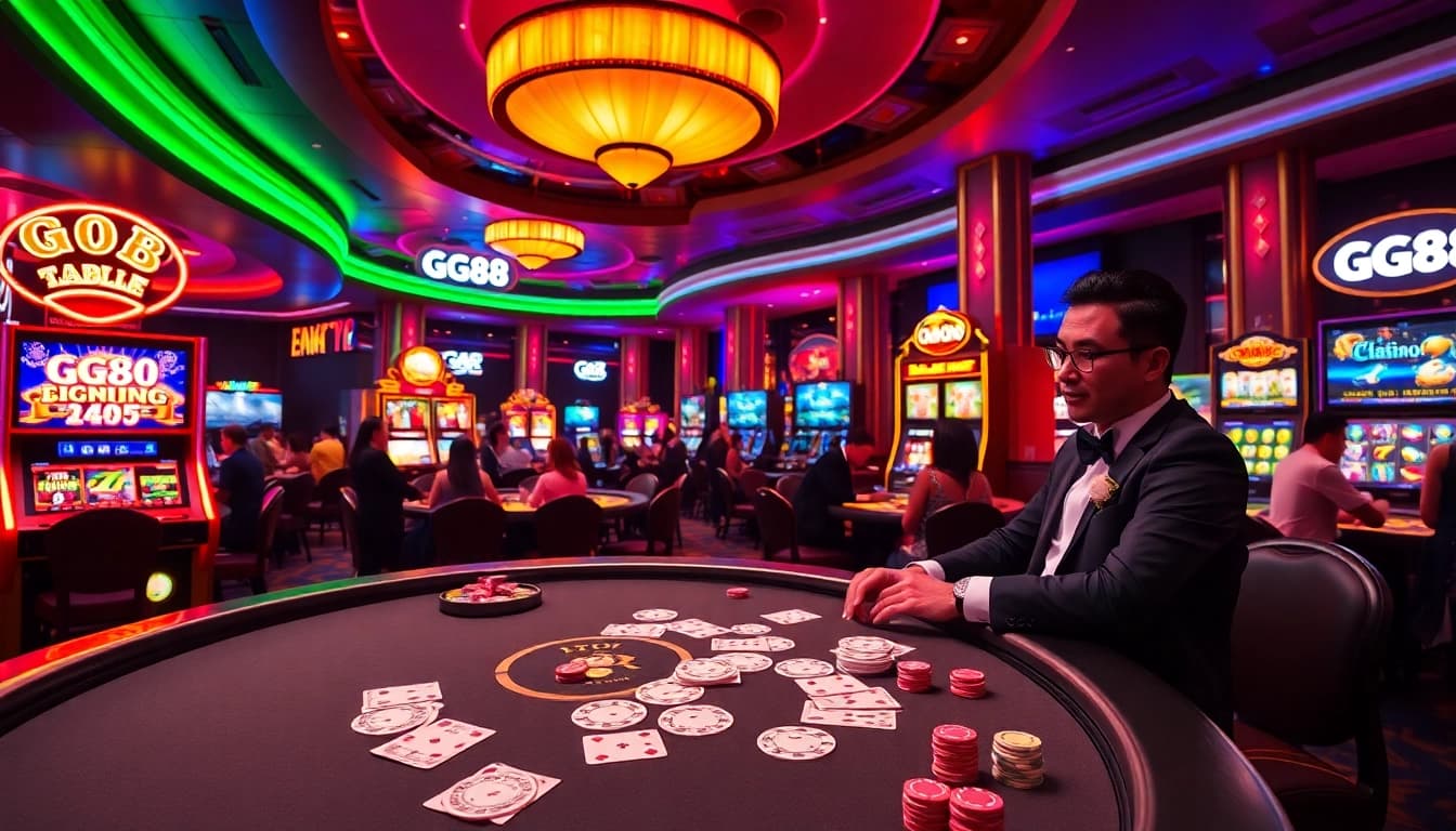 Experience the thrill of GG88 at an exciting casino scene with vibrant slot machines and poker games.