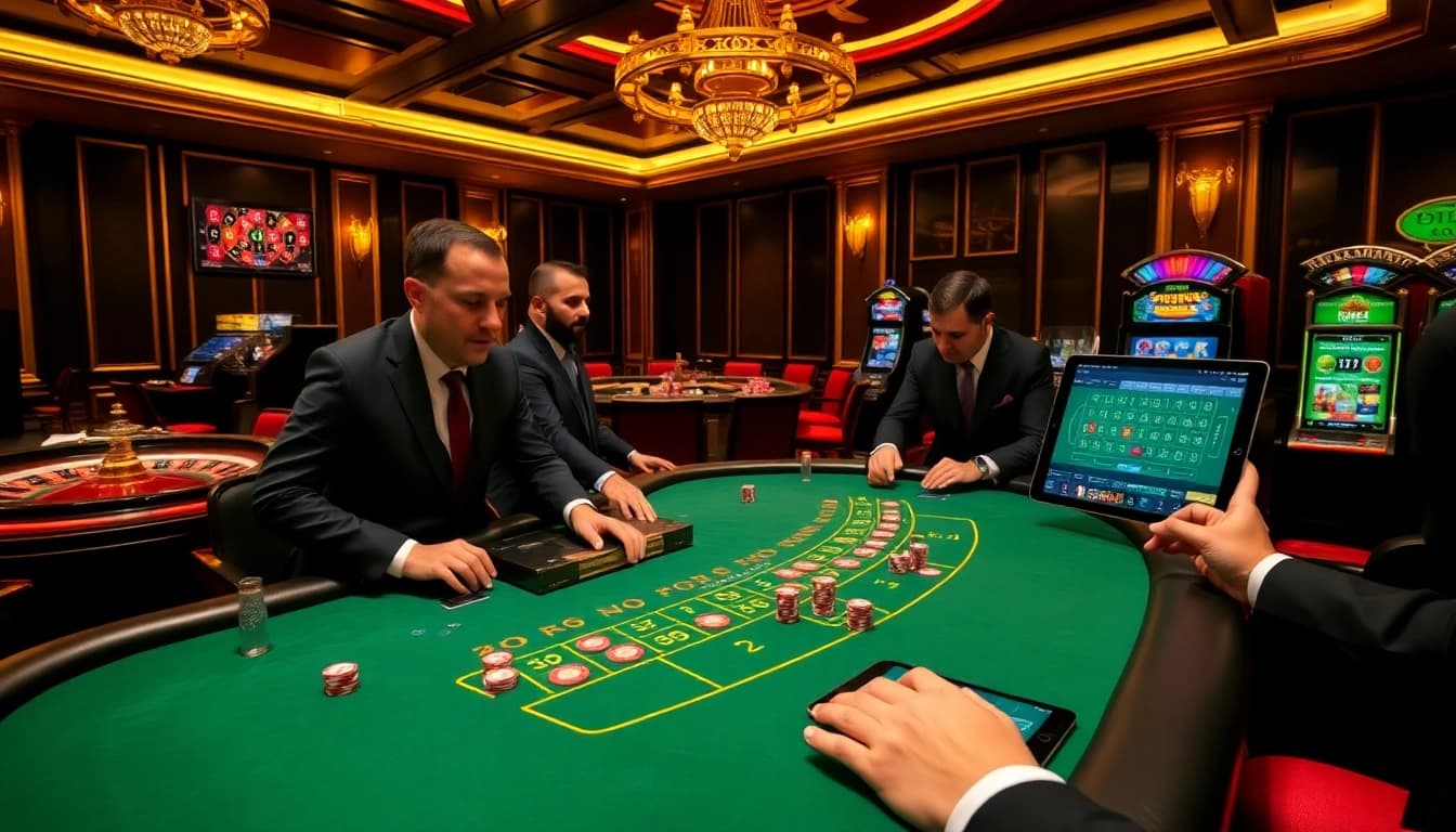 I9BET players enjoying an elegant blackjack table at a luxurious casino, highlighting strategic play.